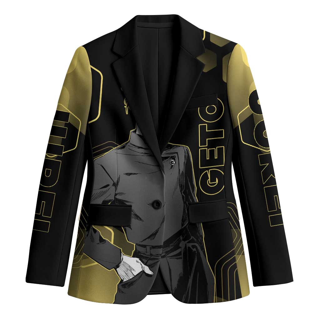 Suguru Geto Jujutsu Kaisen Gold Hexagon Design Blazer with Multiple Expressions and Manga Style Art - The Mazicc