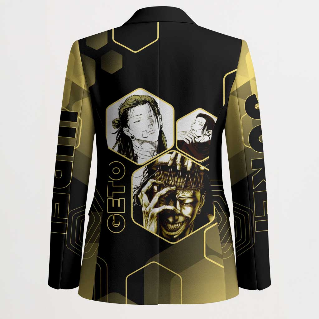 Suguru Geto Jujutsu Kaisen Gold Hexagon Design Blazer with Multiple Expressions and Manga Style Art - The Mazicc