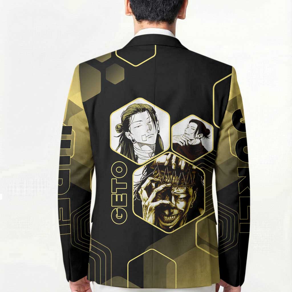 Suguru Geto Jujutsu Kaisen Gold Hexagon Design Blazer with Multiple Expressions and Manga Style Art - The Mazicc