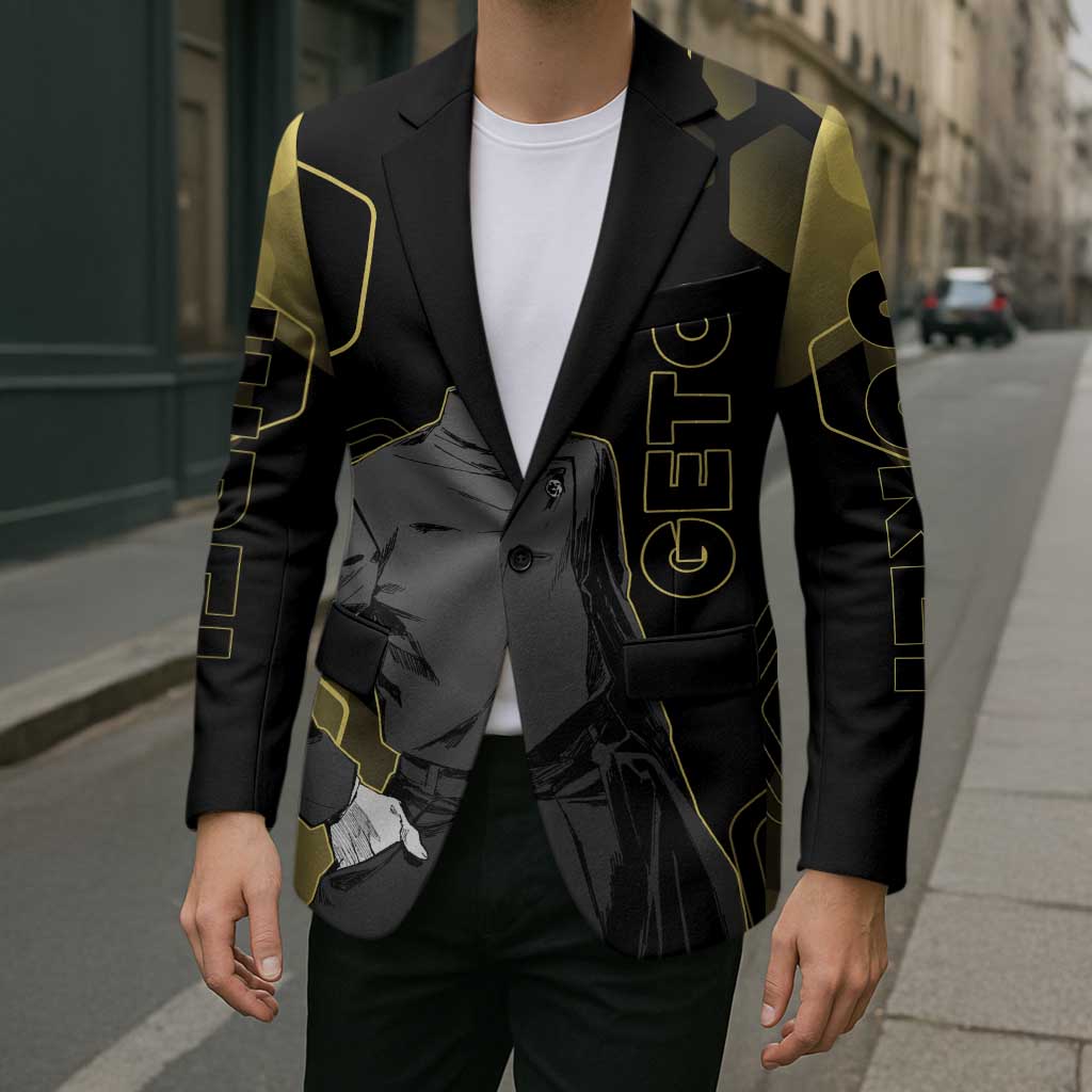 Suguru Geto Jujutsu Kaisen Gold Hexagon Design Blazer with Multiple Expressions and Manga Style Art - The Mazicc