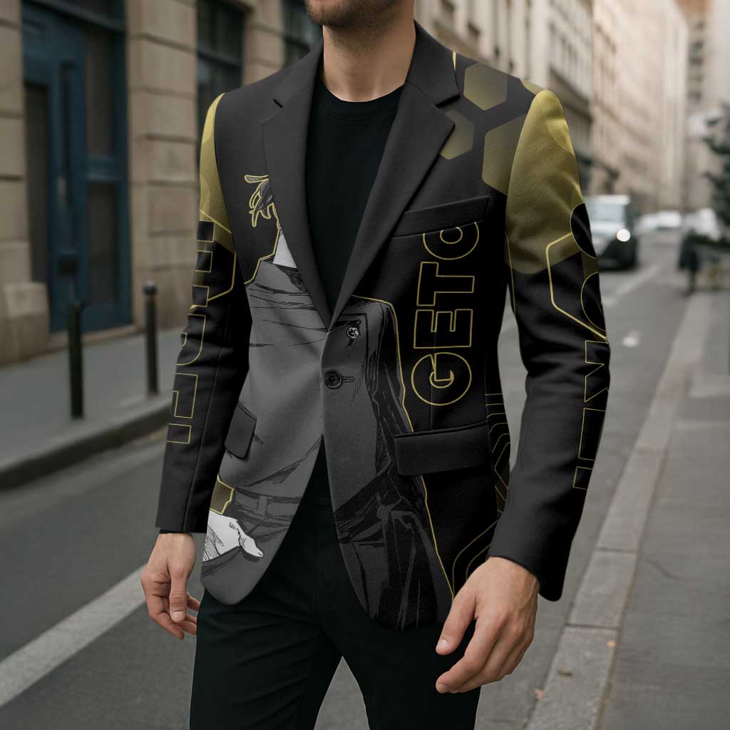 Suguru Geto Jujutsu Kaisen Gold Hexagon Design Blazer with Multiple Expressions and Manga Style Art - The Mazicc