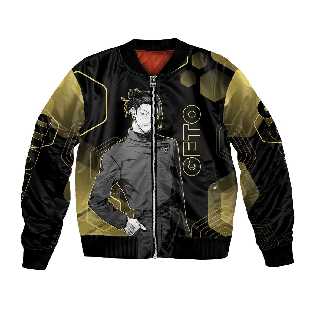 Suguru Geto Jujutsu Kaisen Gold Hexagon Design Bomber Jacket with Multiple Expressions and Manga Style Art - The Mazicc