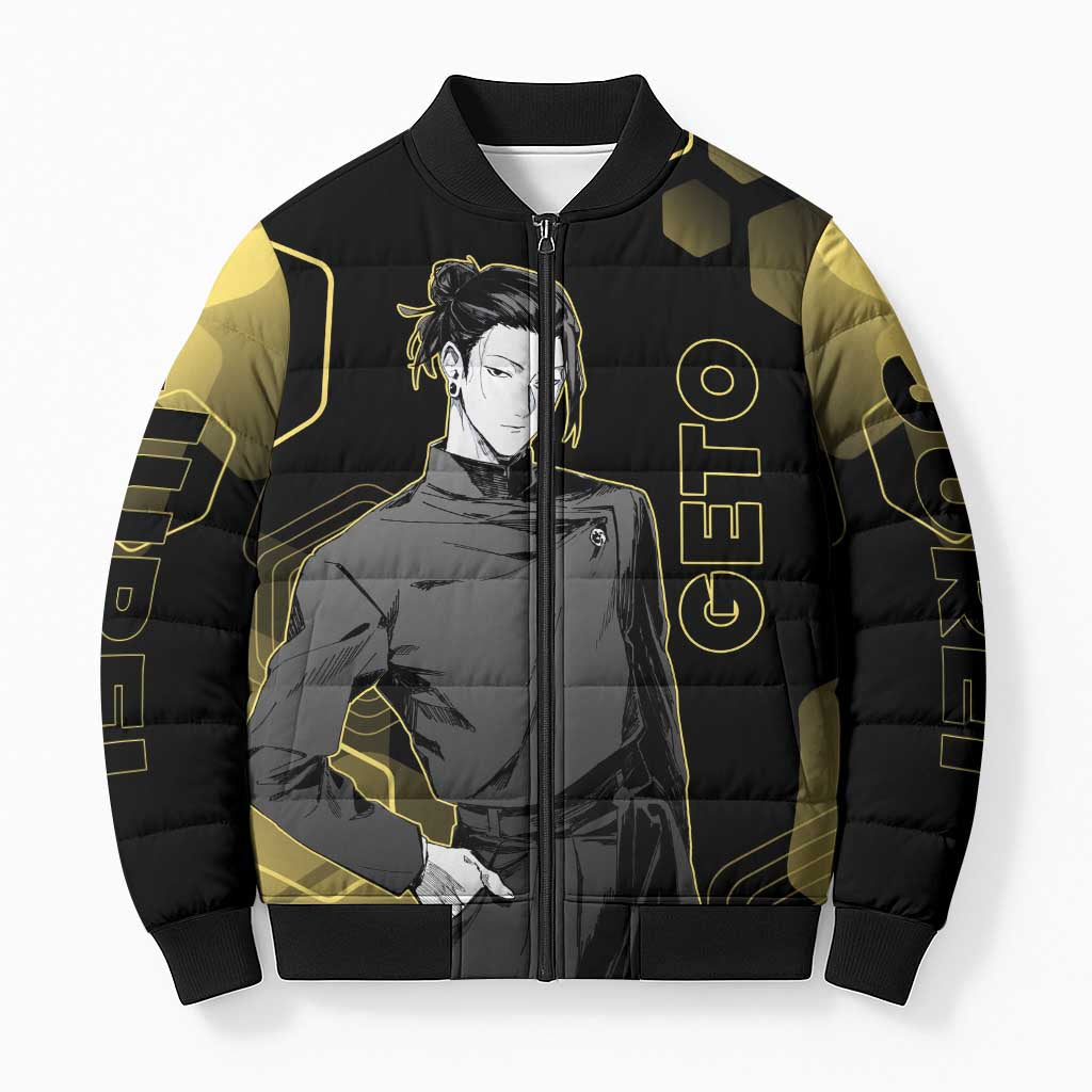 Suguru Geto Jujutsu Kaisen Gold Hexagon Design Bomber Puffer Jacket with Multiple Expressions and Manga Style Art - The Mazicc