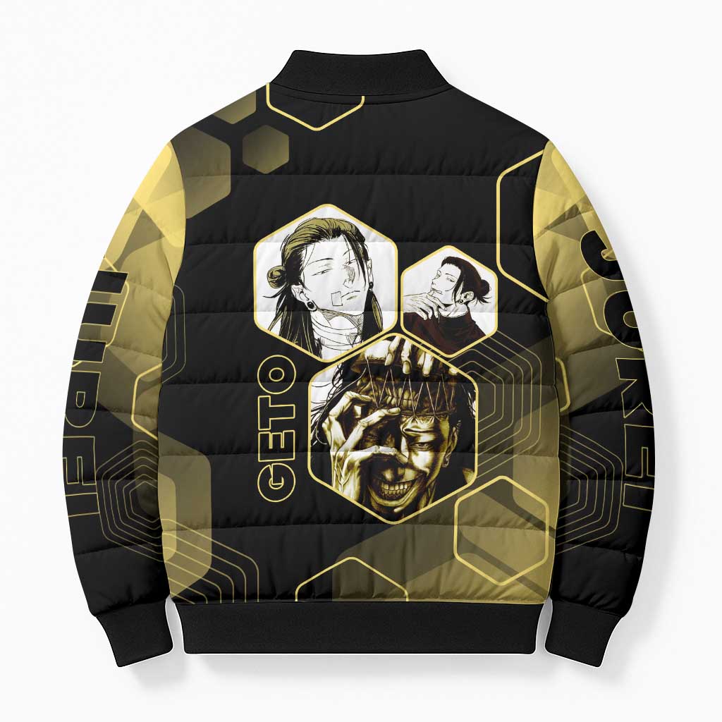 Suguru Geto Jujutsu Kaisen Gold Hexagon Design Bomber Puffer Jacket with Multiple Expressions and Manga Style Art - The Mazicc
