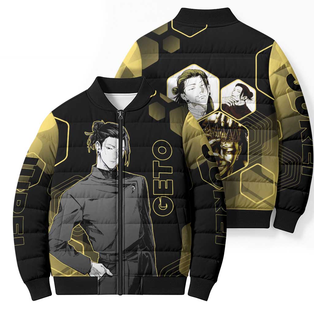 Suguru Geto Jujutsu Kaisen Gold Hexagon Design Bomber Puffer Jacket with Multiple Expressions and Manga Style Art - The Mazicc