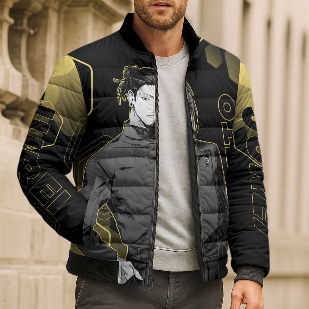 Suguru Geto Jujutsu Kaisen Gold Hexagon Design Bomber Puffer Jacket with Multiple Expressions and Manga Style Art - The Mazicc