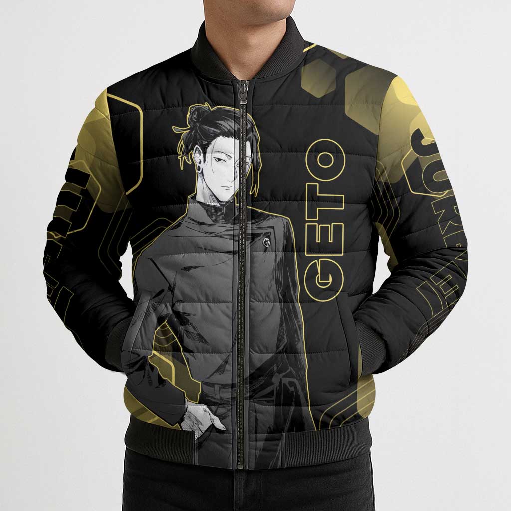 Suguru Geto Jujutsu Kaisen Gold Hexagon Design Bomber Puffer Jacket with Multiple Expressions and Manga Style Art - The Mazicc