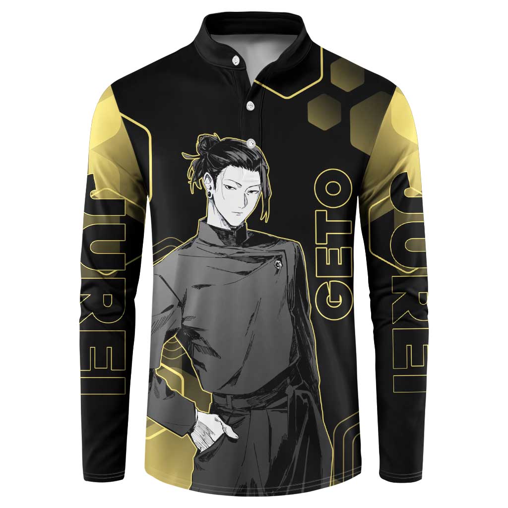 Suguru Geto Jujutsu Kaisen Gold Hexagon Design Button Sweatshirt with Multiple Expressions and Manga Style Art - The Mazicc