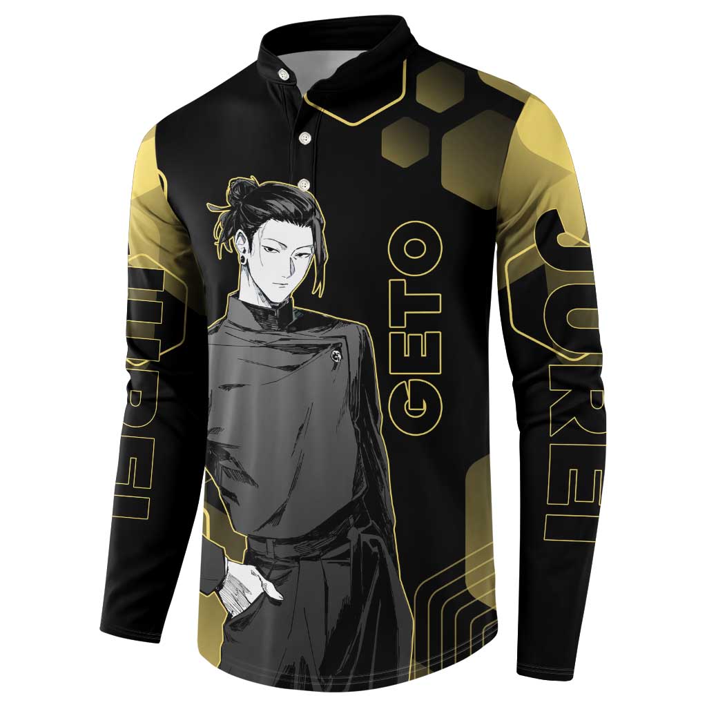 Suguru Geto Jujutsu Kaisen Gold Hexagon Design Button Sweatshirt with Multiple Expressions and Manga Style Art - The Mazicc