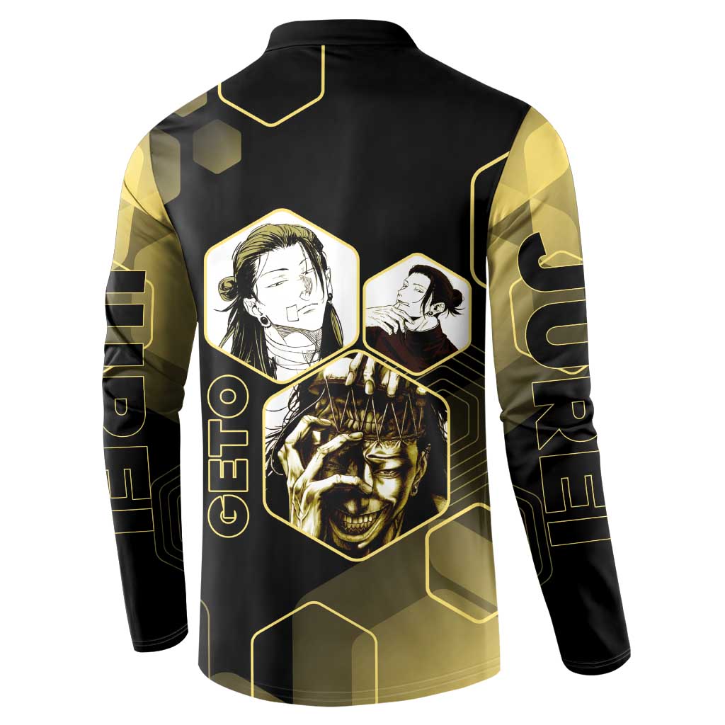 Suguru Geto Jujutsu Kaisen Gold Hexagon Design Button Sweatshirt with Multiple Expressions and Manga Style Art - The Mazicc