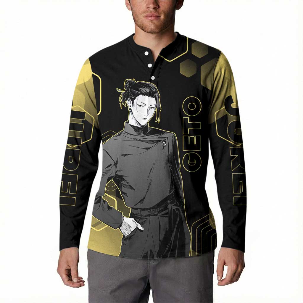 Suguru Geto Jujutsu Kaisen Gold Hexagon Design Button Sweatshirt with Multiple Expressions and Manga Style Art - The Mazicc
