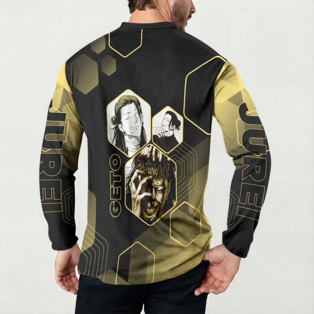 Suguru Geto Jujutsu Kaisen Gold Hexagon Design Button Sweatshirt with Multiple Expressions and Manga Style Art - The Mazicc