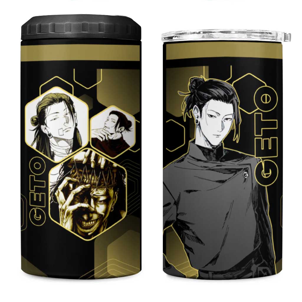 Suguru Geto Jujutsu Kaisen Gold Hexagon Design 4 in 1 Can Cooler Tumbler with Multiple Expressions and Manga Style Art - The Mazicc