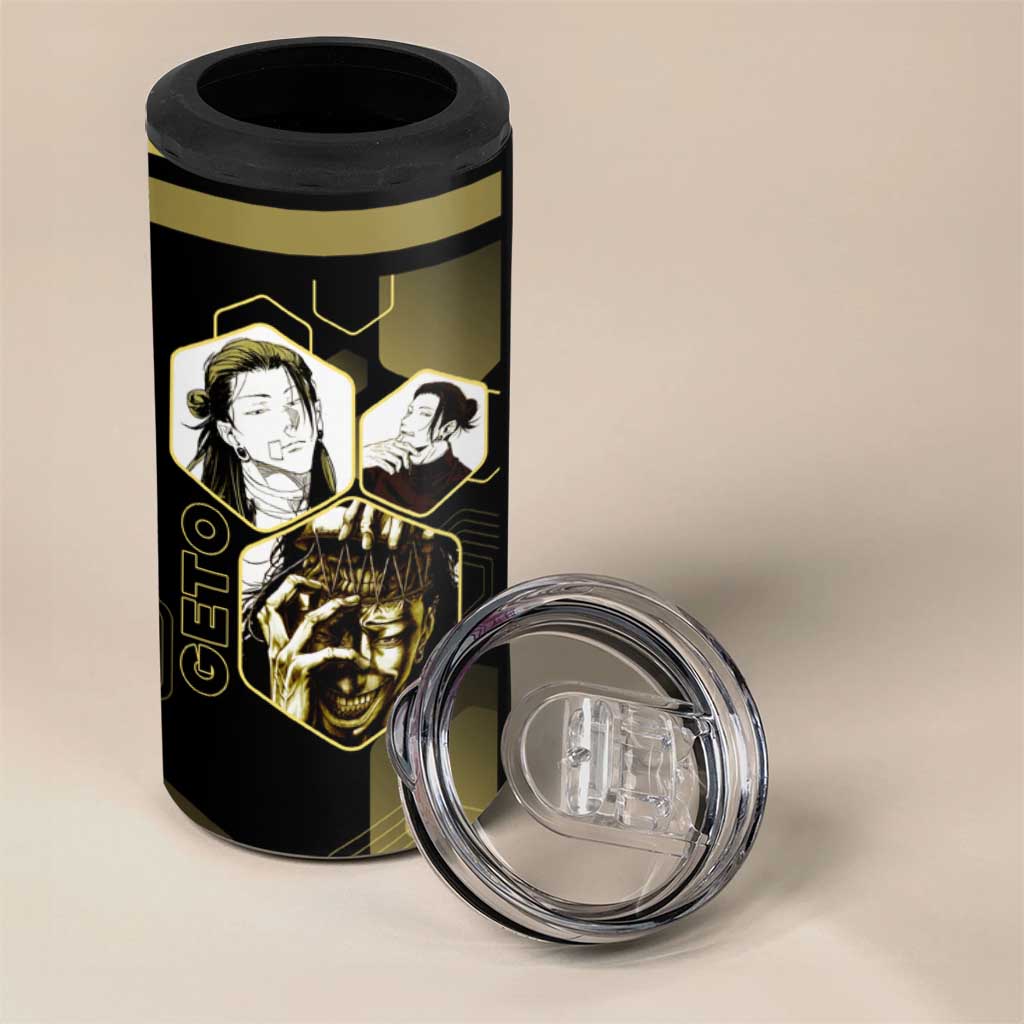 Suguru Geto Jujutsu Kaisen Gold Hexagon Design 4 in 1 Can Cooler Tumbler with Multiple Expressions and Manga Style Art - The Mazicc
