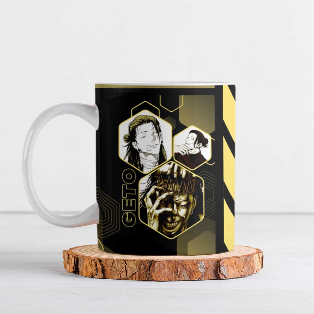 Suguru Geto Jujutsu Kaisen Gold Hexagon Design Ceramic Mug with Multiple Expressions and Manga Style Art - The Mazicc
