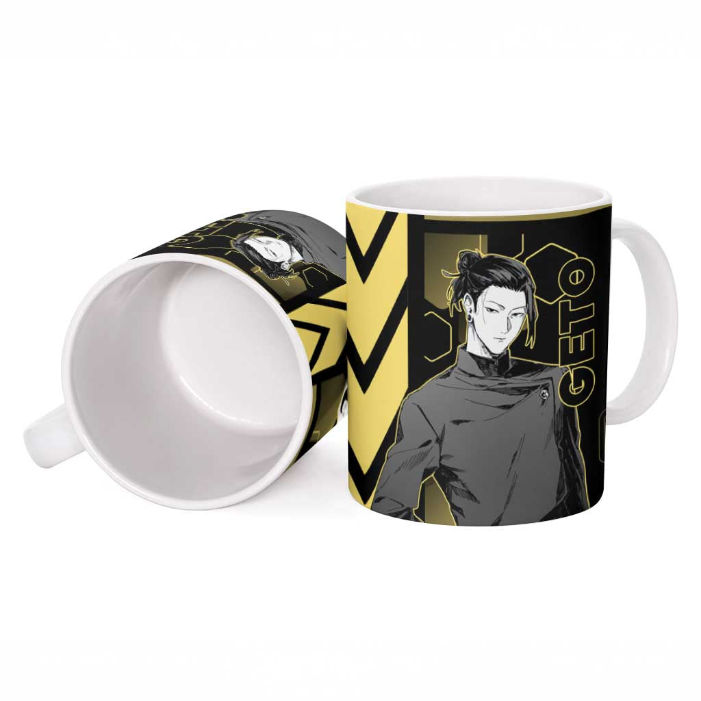 Suguru Geto Jujutsu Kaisen Gold Hexagon Design Ceramic Mug with Multiple Expressions and Manga Style Art - The Mazicc