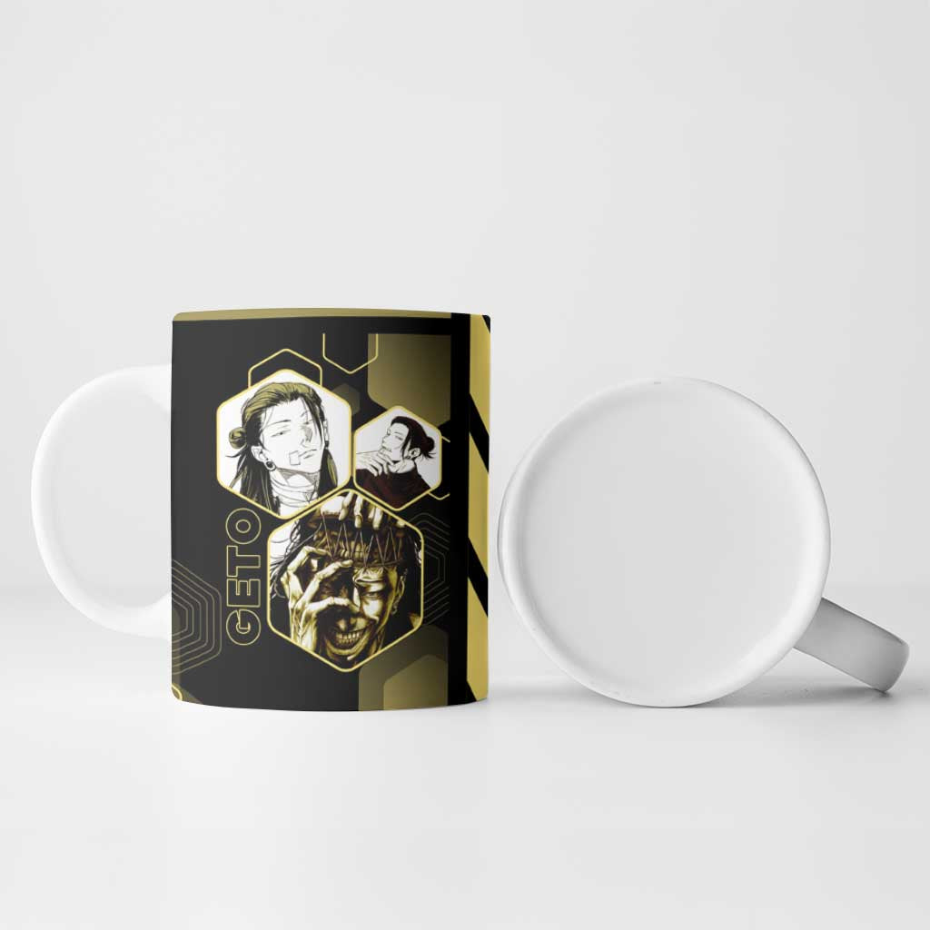 Suguru Geto Jujutsu Kaisen Gold Hexagon Design Ceramic Mug with Multiple Expressions and Manga Style Art - The Mazicc