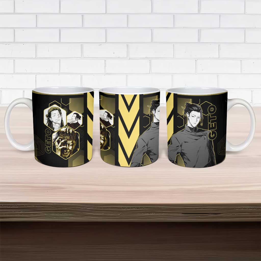 Suguru Geto Jujutsu Kaisen Gold Hexagon Design Ceramic Mug with Multiple Expressions and Manga Style Art - The Mazicc