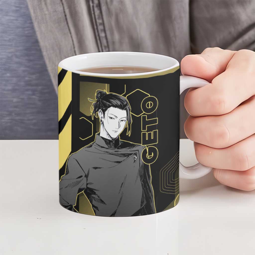 Suguru Geto Jujutsu Kaisen Gold Hexagon Design Ceramic Mug with Multiple Expressions and Manga Style Art - The Mazicc