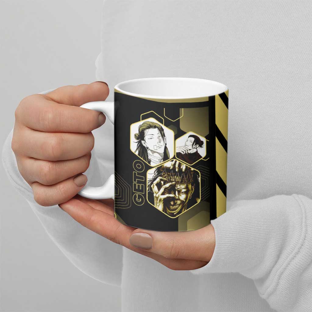 Suguru Geto Jujutsu Kaisen Gold Hexagon Design Ceramic Mug with Multiple Expressions and Manga Style Art - The Mazicc