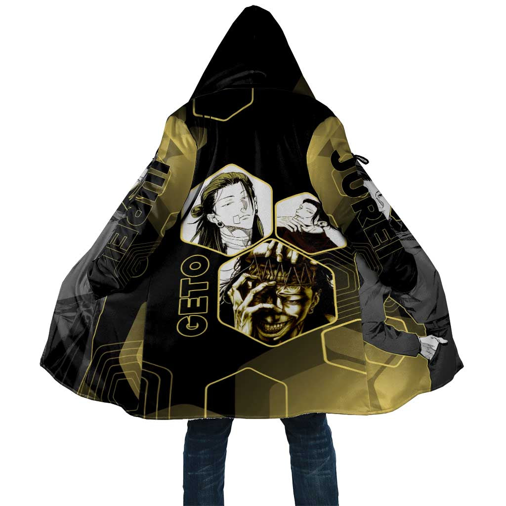 Suguru Geto Jujutsu Kaisen Gold Hexagon Design Cloak with Multiple Expressions and Manga Style Art - The Mazicc