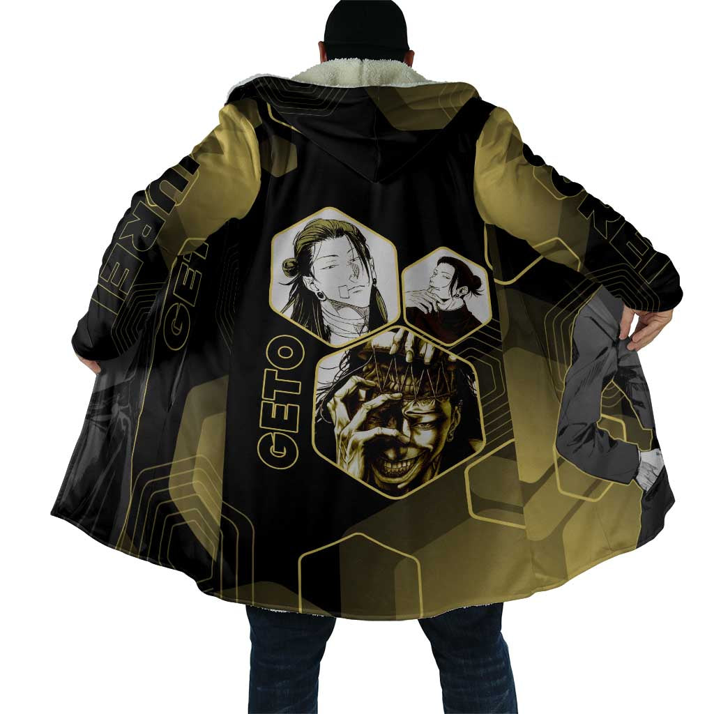 Suguru Geto Jujutsu Kaisen Gold Hexagon Design Cloak with Multiple Expressions and Manga Style Art - The Mazicc