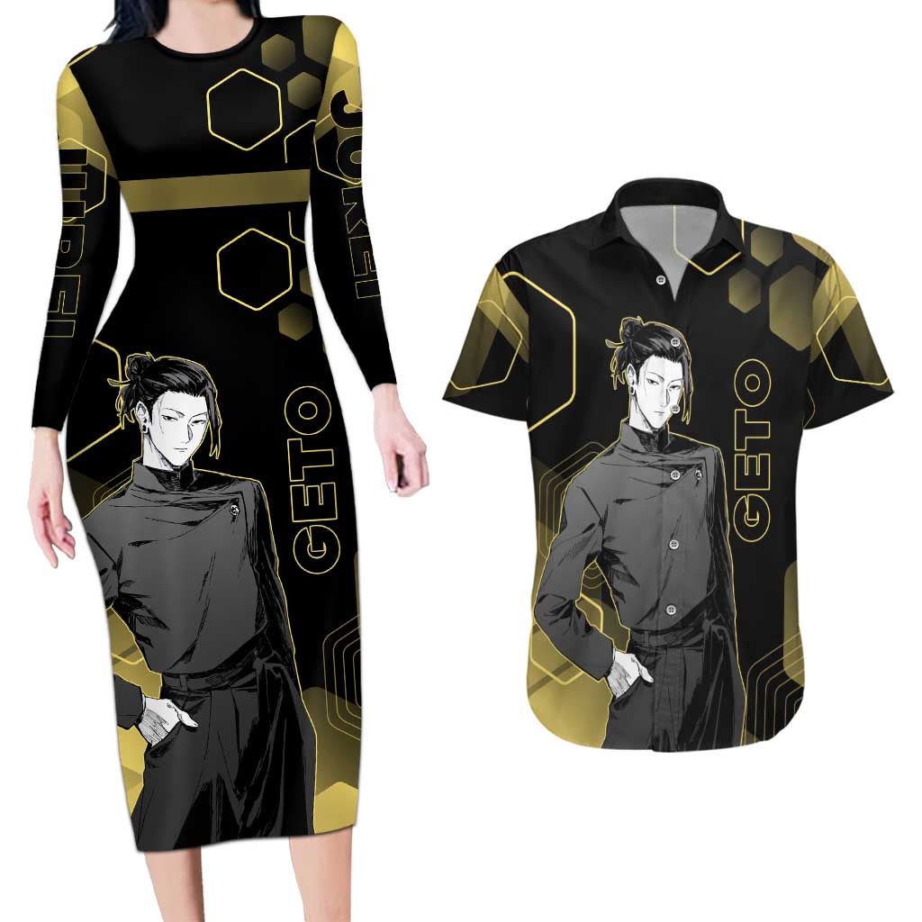Suguru Geto Jujutsu Kaisen Gold Hexagon Design Couples Matching Long Sleeve Bodycon Dress and Hawaiian Shirt with Multiple Expressions and Manga Style Art - The Mazicc