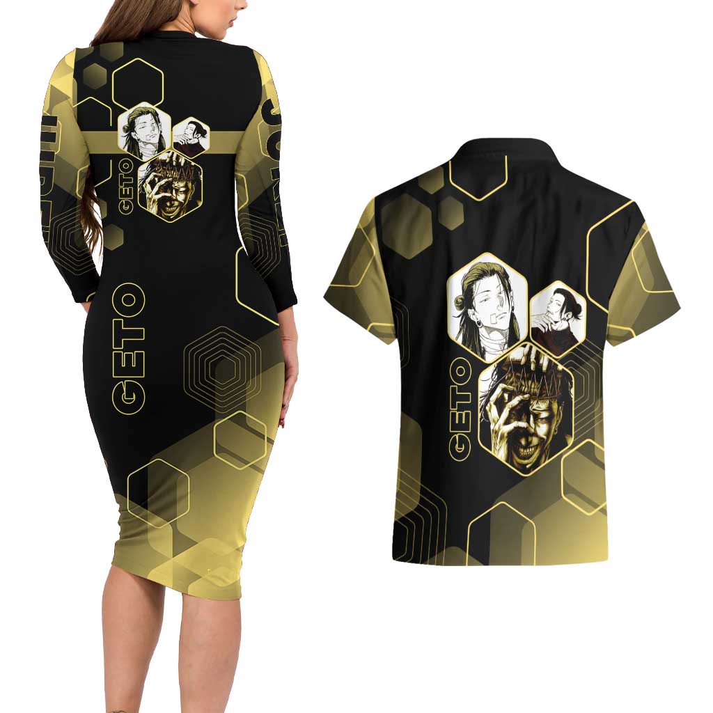 Suguru Geto Jujutsu Kaisen Gold Hexagon Design Couples Matching Long Sleeve Bodycon Dress and Hawaiian Shirt with Multiple Expressions and Manga Style Art - The Mazicc