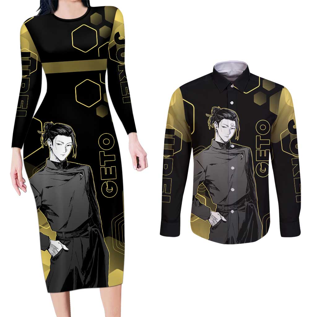 Suguru Geto Jujutsu Kaisen Gold Hexagon Design Couples Matching Long Sleeve Bodycon Dress and Long Sleeve Button Shirt with Multiple Expressions and Manga Style Art - The Mazicc