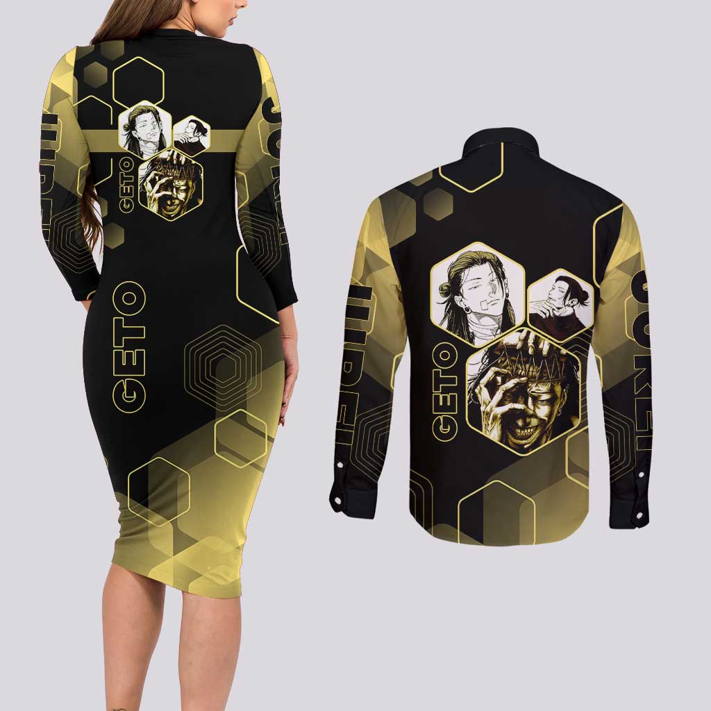 Suguru Geto Jujutsu Kaisen Gold Hexagon Design Couples Matching Long Sleeve Bodycon Dress and Long Sleeve Button Shirt with Multiple Expressions and Manga Style Art - The Mazicc