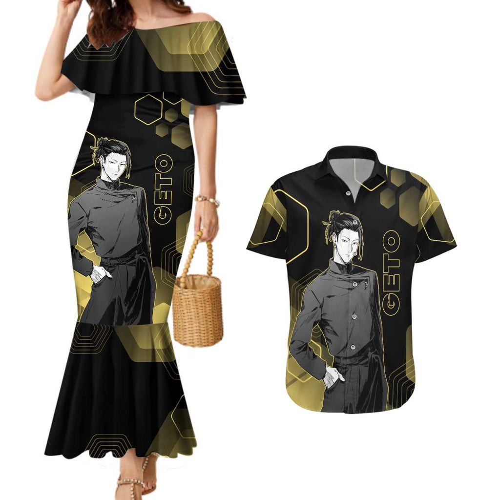 Suguru Geto Jujutsu Kaisen Gold Hexagon Design Couples Matching Mermaid Dress and Hawaiian Shirt with Multiple Expressions and Manga Style Art - The Mazicc