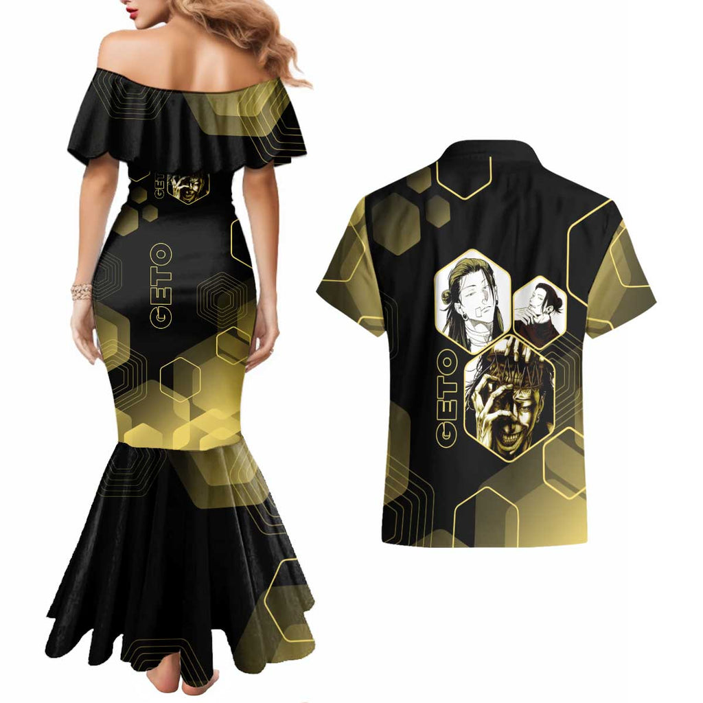 Suguru Geto Jujutsu Kaisen Gold Hexagon Design Couples Matching Mermaid Dress and Hawaiian Shirt with Multiple Expressions and Manga Style Art - The Mazicc