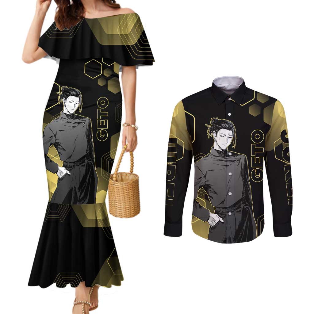 Suguru Geto Jujutsu Kaisen Gold Hexagon Design Couples Matching Mermaid Dress and Long Sleeve Button Shirt with Multiple Expressions and Manga Style Art - The Mazicc