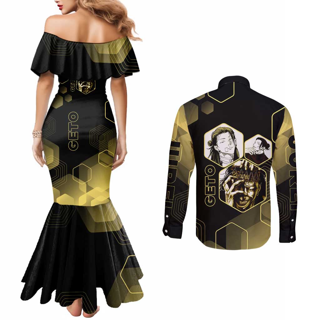 Suguru Geto Jujutsu Kaisen Gold Hexagon Design Couples Matching Mermaid Dress and Long Sleeve Button Shirt with Multiple Expressions and Manga Style Art - The Mazicc