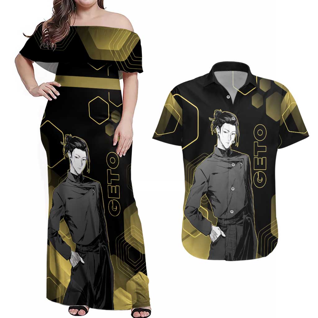 Suguru Geto Jujutsu Kaisen Gold Hexagon Design Couples Matching Off Shoulder Maxi Dress and Hawaiian Shirt with Multiple Expressions and Manga Style Art - The Mazicc