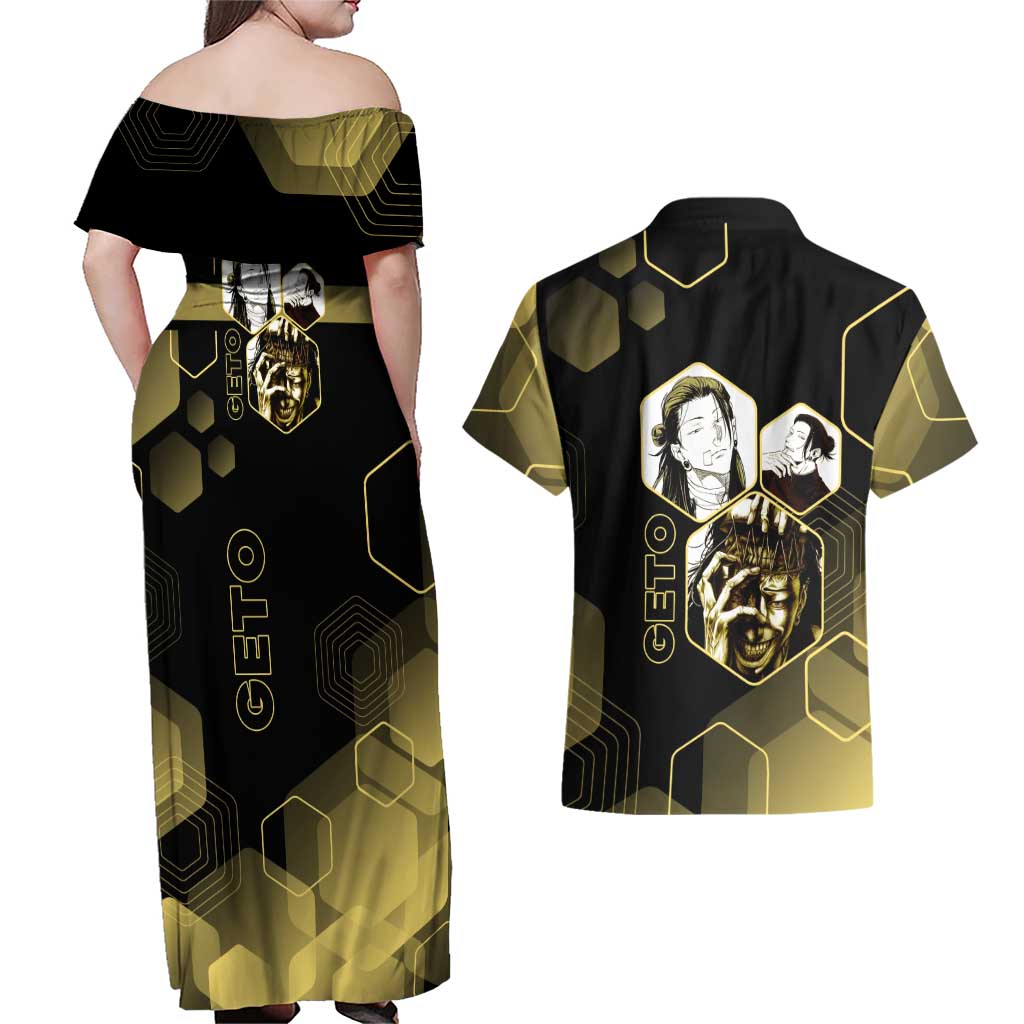 Suguru Geto Jujutsu Kaisen Gold Hexagon Design Couples Matching Off Shoulder Maxi Dress and Hawaiian Shirt with Multiple Expressions and Manga Style Art - The Mazicc