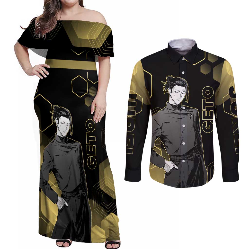 Suguru Geto Jujutsu Kaisen Gold Hexagon Design Couples Matching Off Shoulder Maxi Dress and Long Sleeve Button Shirt with Multiple Expressions and Manga Style Art - The Mazicc