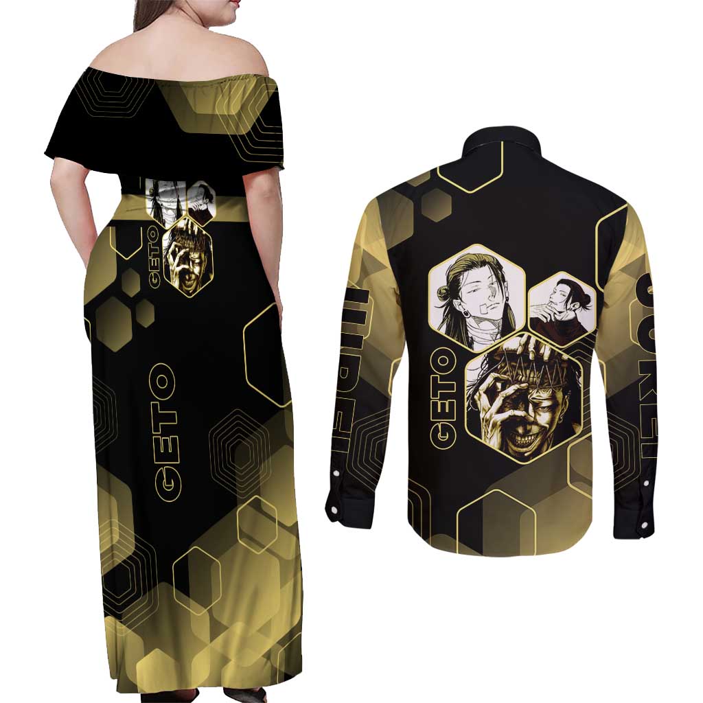 Suguru Geto Jujutsu Kaisen Gold Hexagon Design Couples Matching Off Shoulder Maxi Dress and Long Sleeve Button Shirt with Multiple Expressions and Manga Style Art - The Mazicc