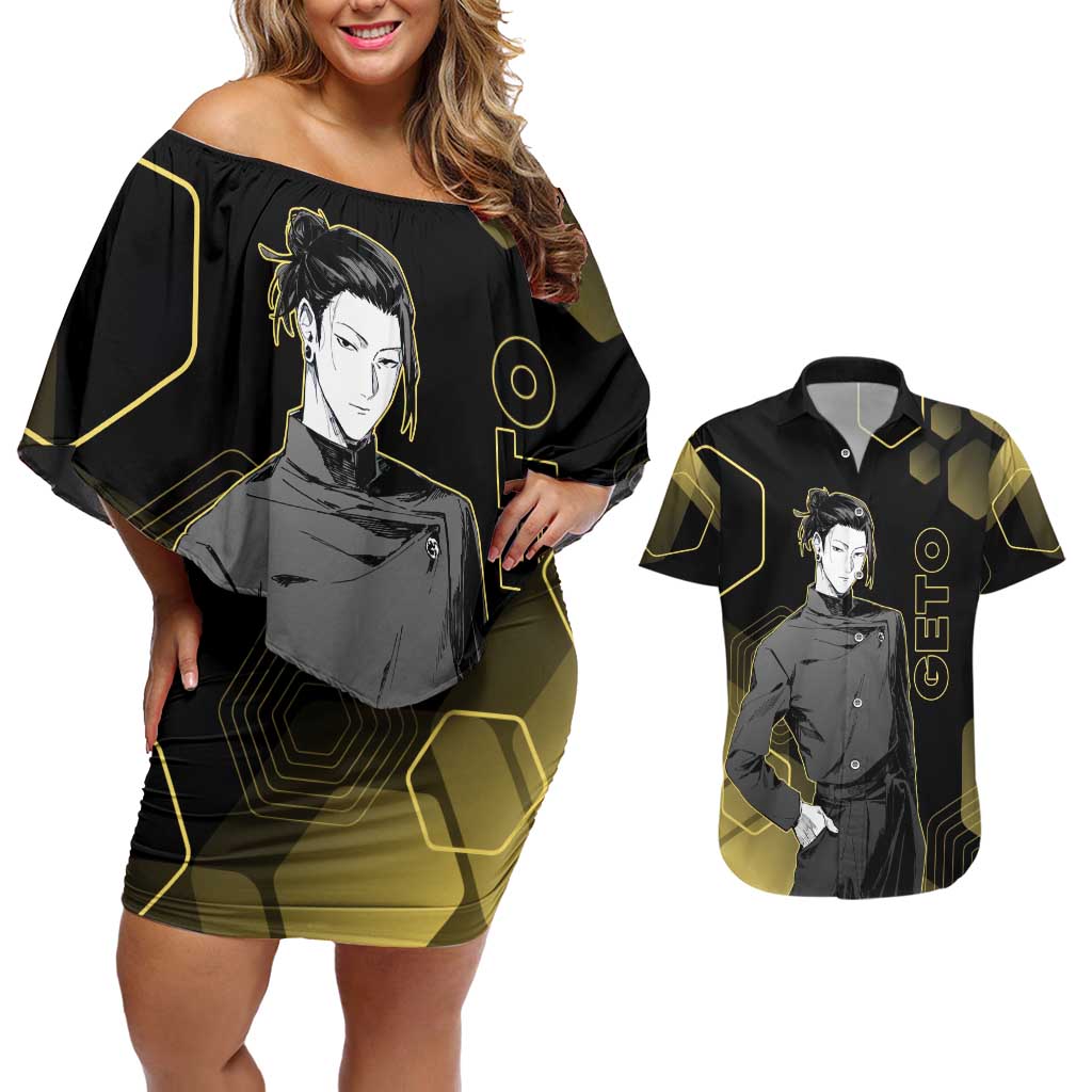 Suguru Geto Jujutsu Kaisen Gold Hexagon Design Couples Matching Off Shoulder Short Dress and Hawaiian Shirt with Multiple Expressions and Manga Style Art - The Mazicc