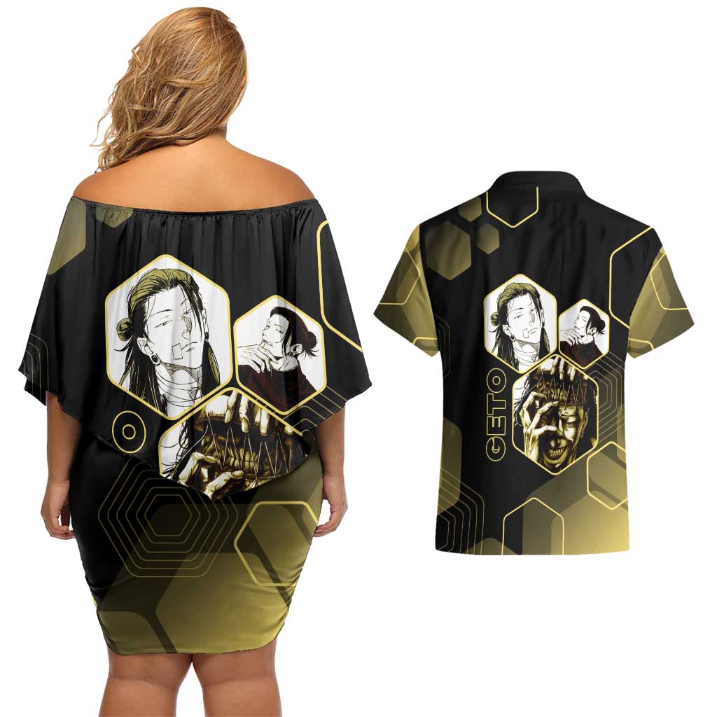 Suguru Geto Jujutsu Kaisen Gold Hexagon Design Couples Matching Off Shoulder Short Dress and Hawaiian Shirt with Multiple Expressions and Manga Style Art - The Mazicc