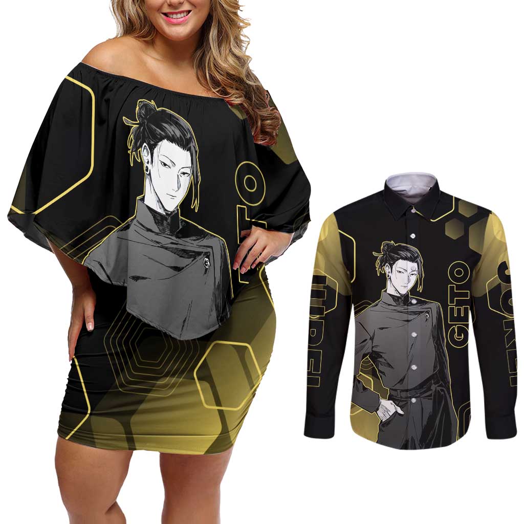 Suguru Geto Jujutsu Kaisen Gold Hexagon Design Couples Matching Off Shoulder Short Dress and Long Sleeve Button Shirt with Multiple Expressions and Manga Style Art - The Mazicc