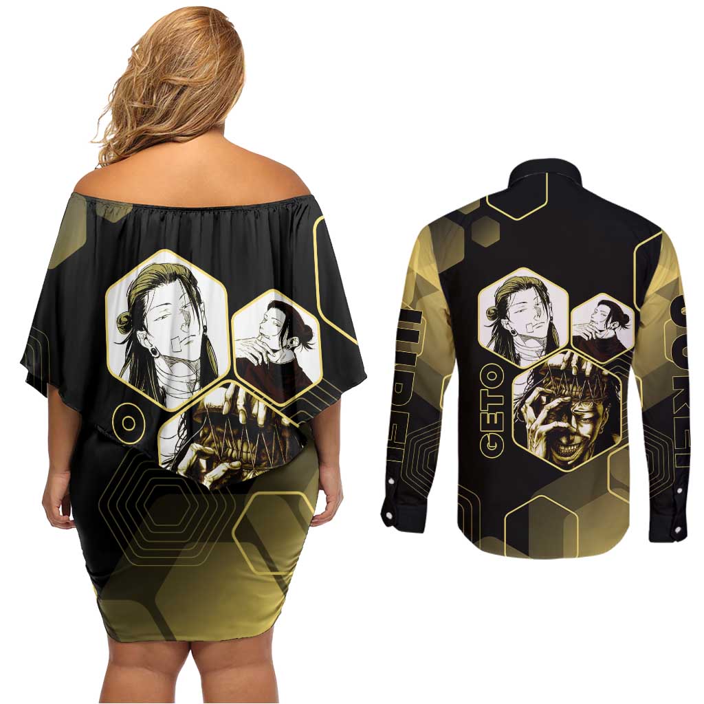 Suguru Geto Jujutsu Kaisen Gold Hexagon Design Couples Matching Off Shoulder Short Dress and Long Sleeve Button Shirt with Multiple Expressions and Manga Style Art - The Mazicc