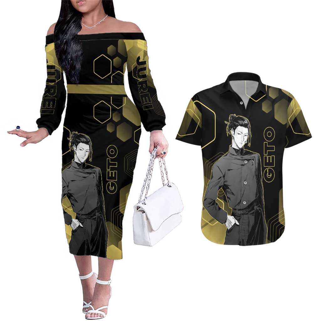 Suguru Geto Jujutsu Kaisen Gold Hexagon Design Couples Matching Off The Shoulder Long Sleeve Dress and Hawaiian Shirt with Multiple Expressions and Manga Style Art - The Mazicc