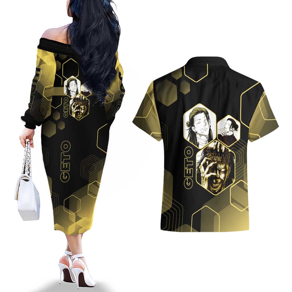 Suguru Geto Jujutsu Kaisen Gold Hexagon Design Couples Matching Off The Shoulder Long Sleeve Dress and Hawaiian Shirt with Multiple Expressions and Manga Style Art - The Mazicc