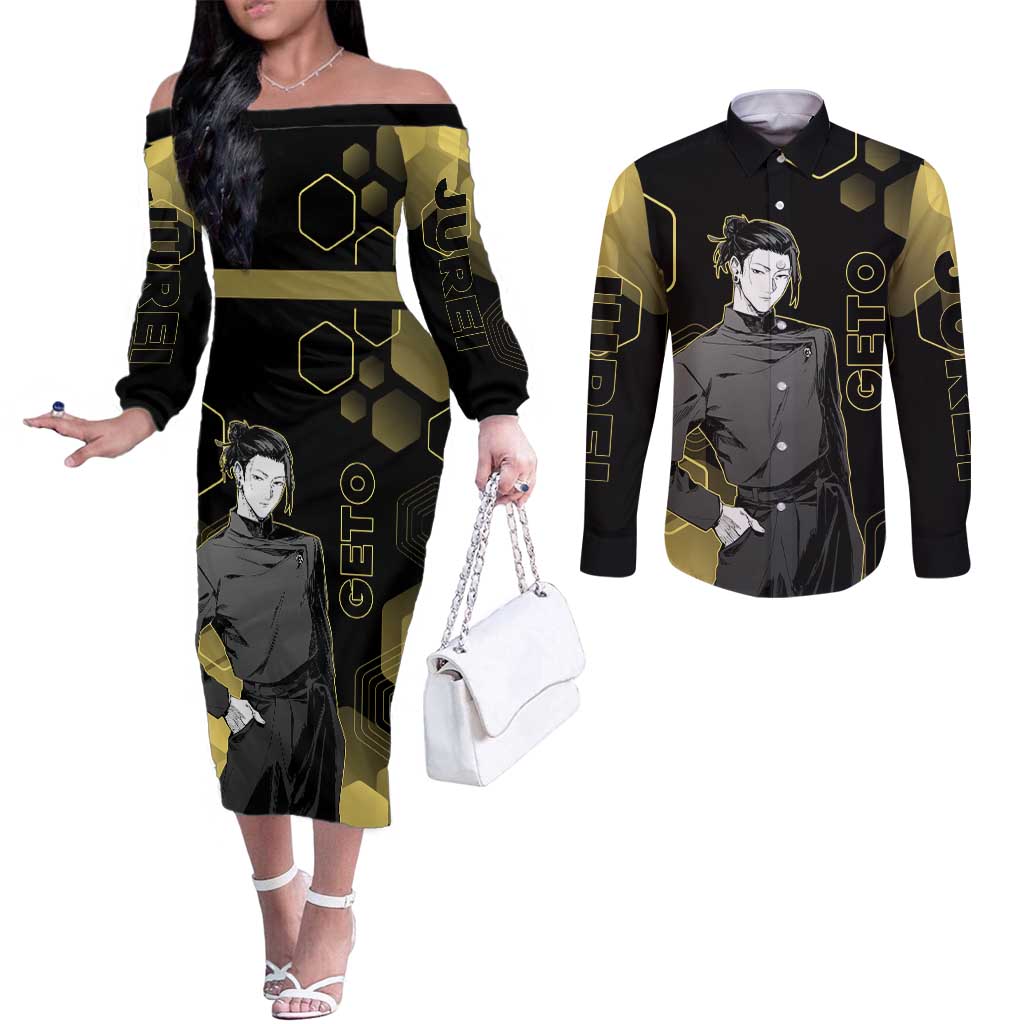Suguru Geto Jujutsu Kaisen Gold Hexagon Design Couples Matching Off The Shoulder Long Sleeve Dress and Long Sleeve Button Shirt with Multiple Expressions and Manga Style Art - The Mazicc