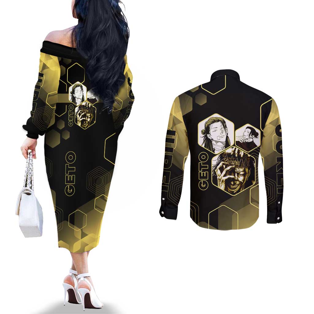 Suguru Geto Jujutsu Kaisen Gold Hexagon Design Couples Matching Off The Shoulder Long Sleeve Dress and Long Sleeve Button Shirt with Multiple Expressions and Manga Style Art - The Mazicc