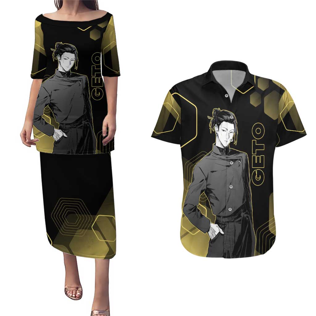 Suguru Geto Jujutsu Kaisen Gold Hexagon Design Couples Matching Puletasi and Hawaiian Shirt with Multiple Expressions and Manga Style Art - The Mazicc