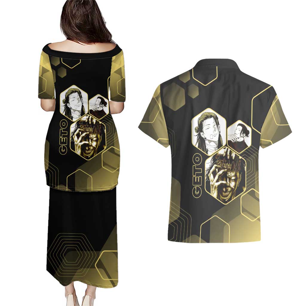 Suguru Geto Jujutsu Kaisen Gold Hexagon Design Couples Matching Puletasi and Hawaiian Shirt with Multiple Expressions and Manga Style Art - The Mazicc