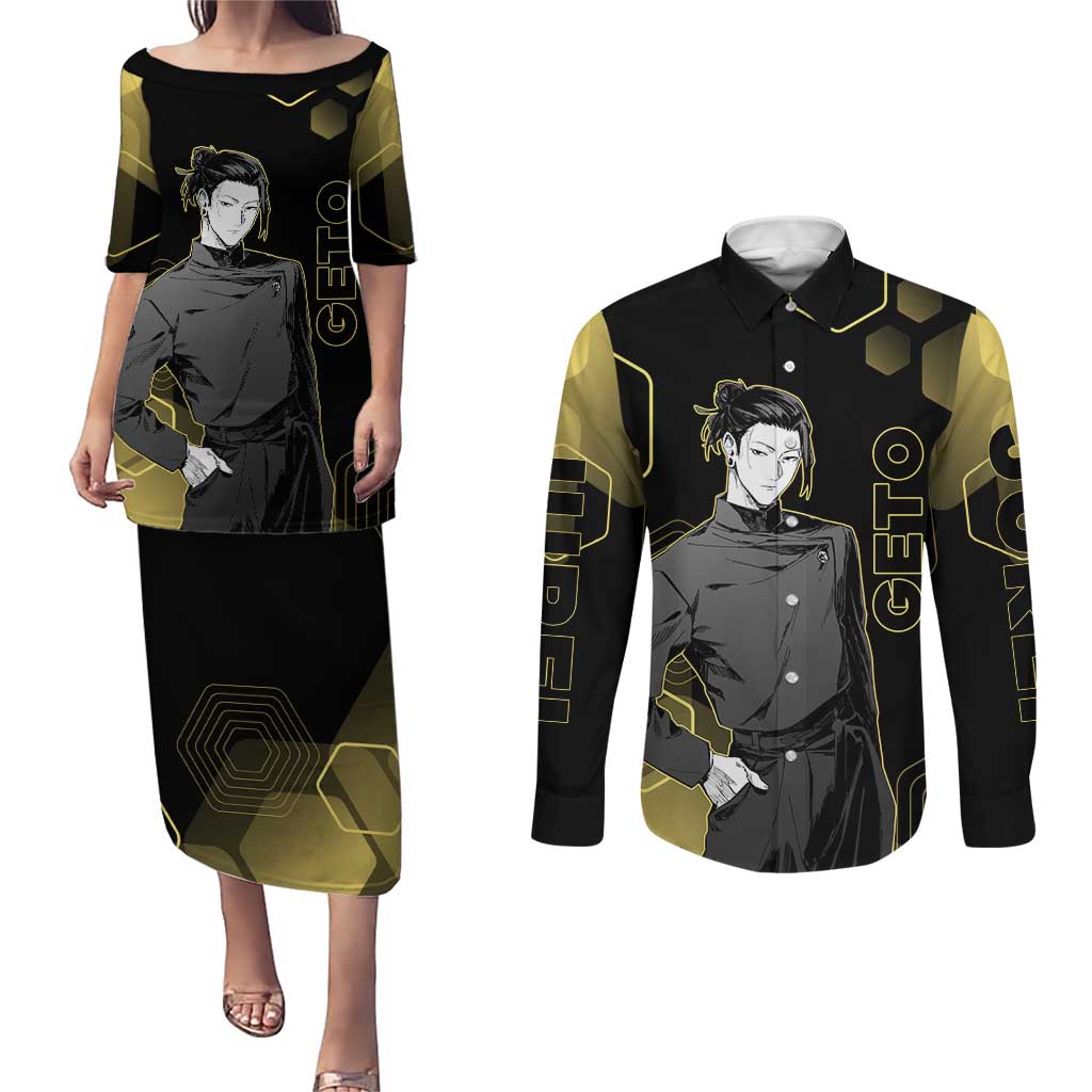 Suguru Geto Jujutsu Kaisen Gold Hexagon Design Couples Matching Puletasi and Long Sleeve Button Shirt with Multiple Expressions and Manga Style Art - The Mazicc