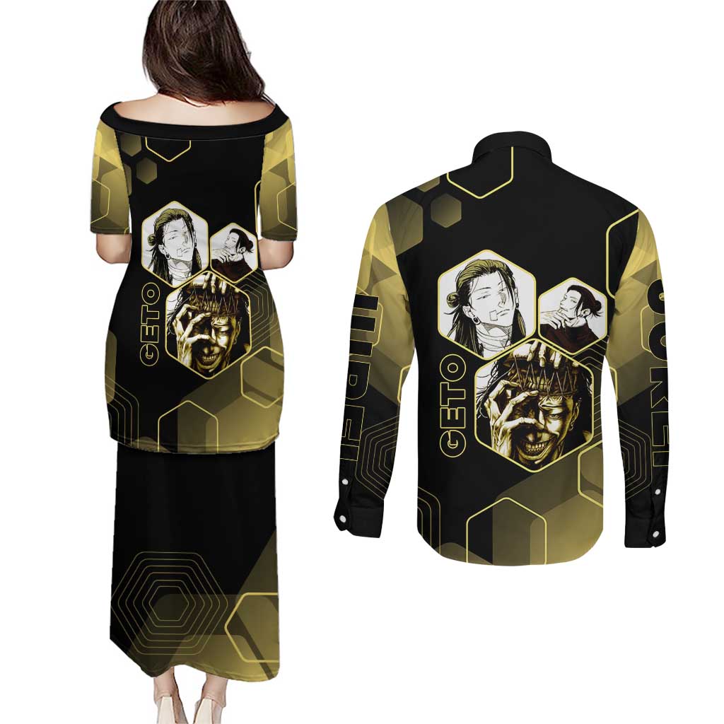 Suguru Geto Jujutsu Kaisen Gold Hexagon Design Couples Matching Puletasi and Long Sleeve Button Shirt with Multiple Expressions and Manga Style Art - The Mazicc